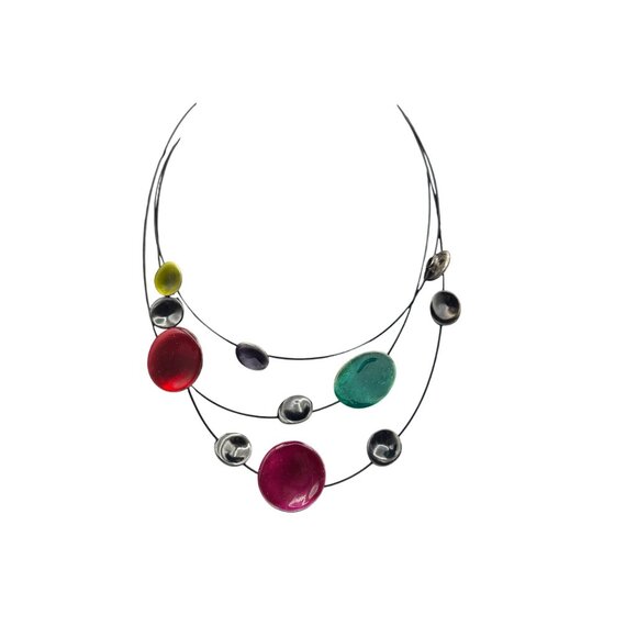 Colorful Multistrand Necklace With Enameled Silver-Toned Beads By Ikita - Picture 2 of 6